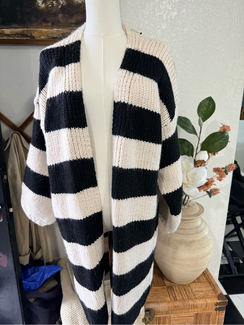 Striped Black and Cream Open-Front Women's Sweater Cardigan